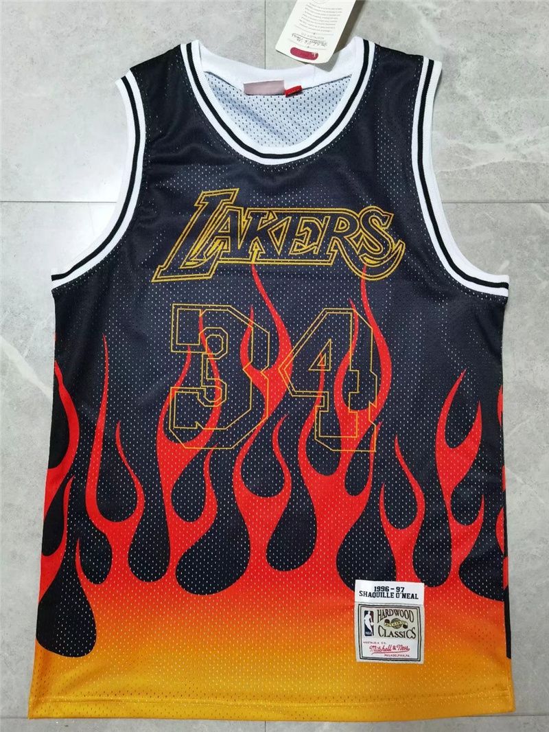 Men Los Angeles Lakers #34 O Neal Black Flame retro NBA Jersey